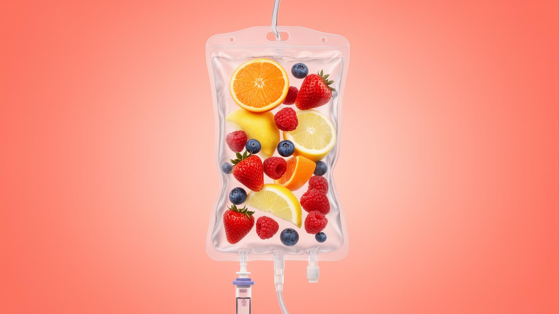 Bolsa de suero IV con vitaminas y frutas frescas